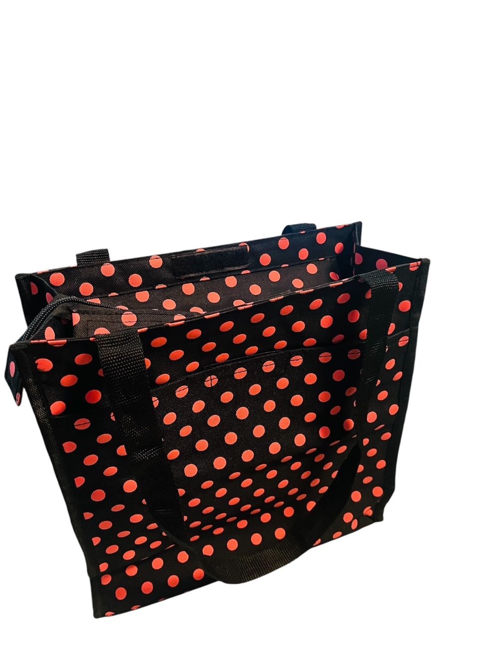 Black Tote Bag with Coral Polka Dots - Stylish Women’s Everyday Tote 12x12x4.5